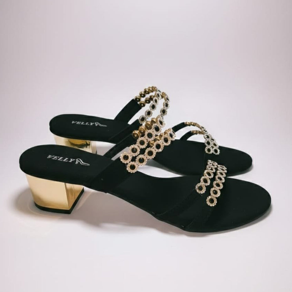 Women's Black Block Heel Evening Slide Sandals