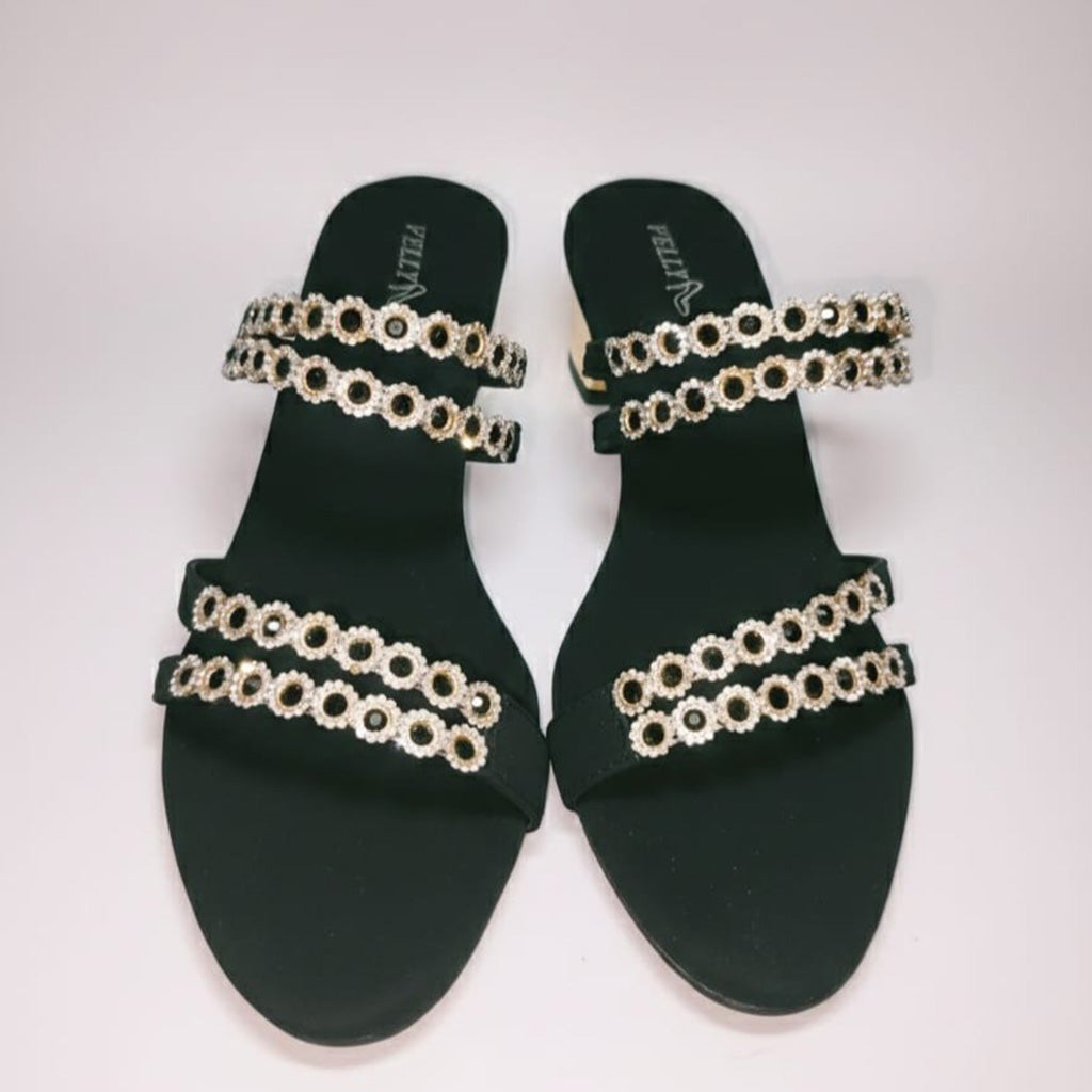 Women's Black Block Heel Evening Slide Sandals