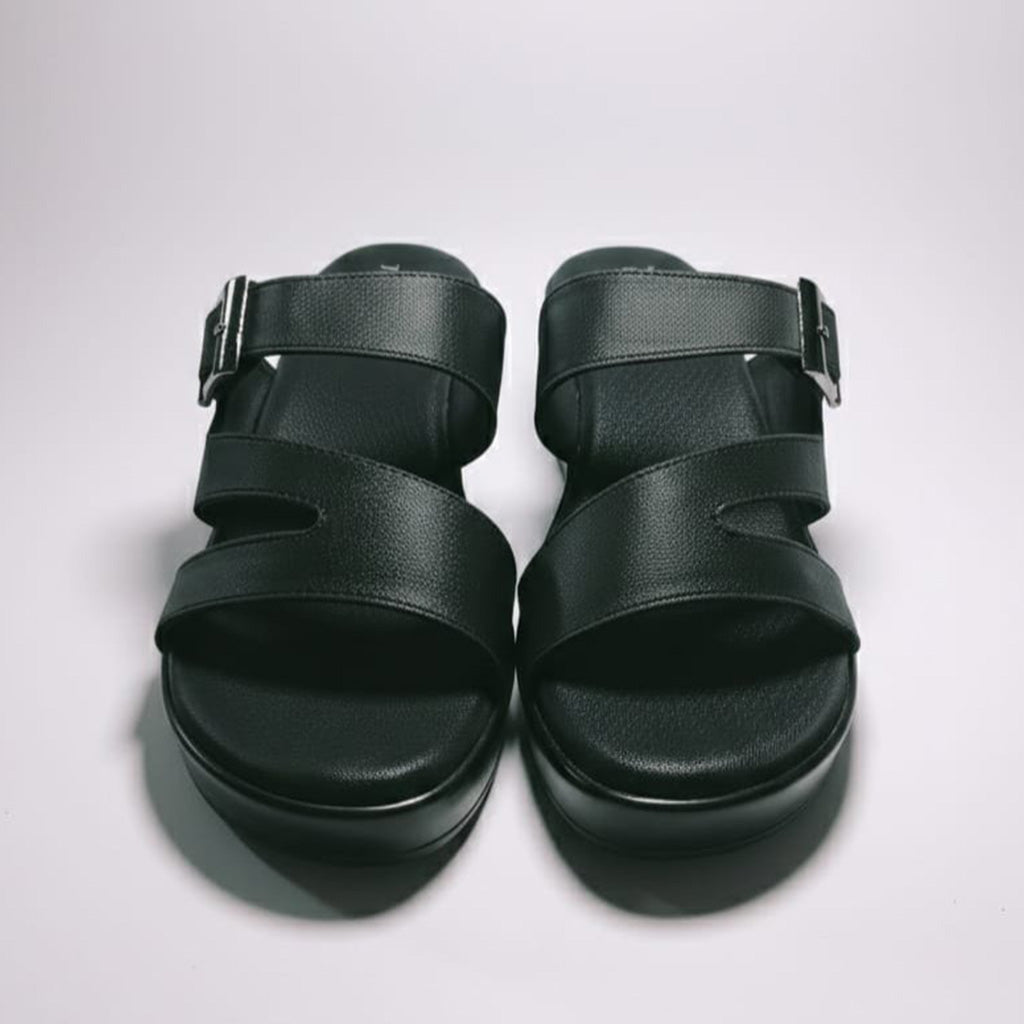 Black Solid Two-Strap Platform Slide Sandal