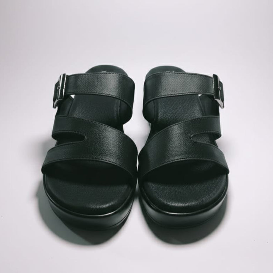 Black Solid Two-Strap Platform Slide Sandal