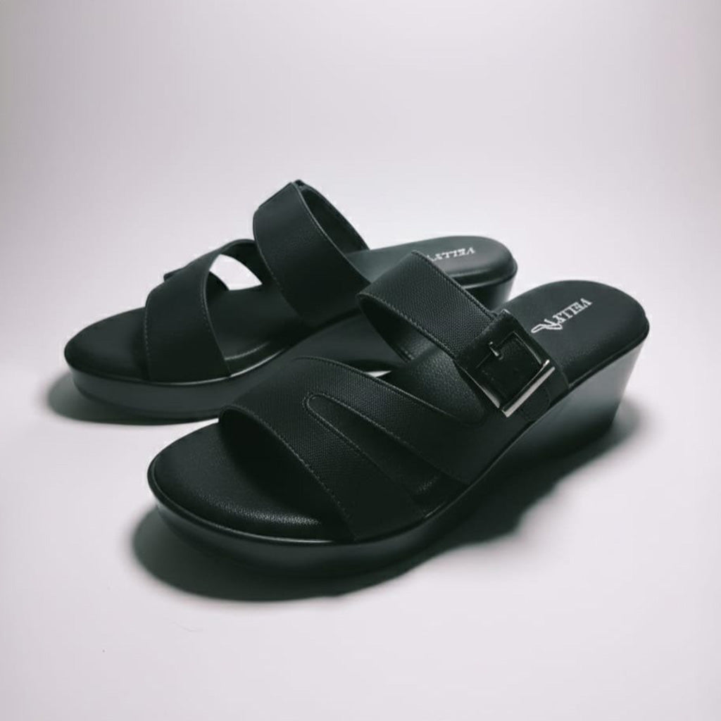Black Solid Two-Strap Platform Slide Sandal