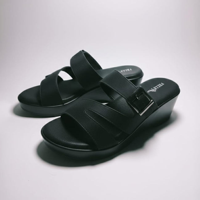 Black Solid Two-Strap Platform Slide Sandal