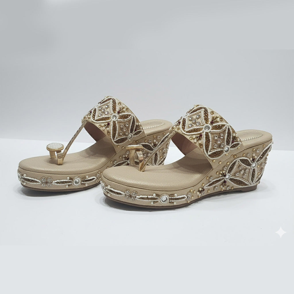 Embroidered Toe-ring Back Open Platform Heels
