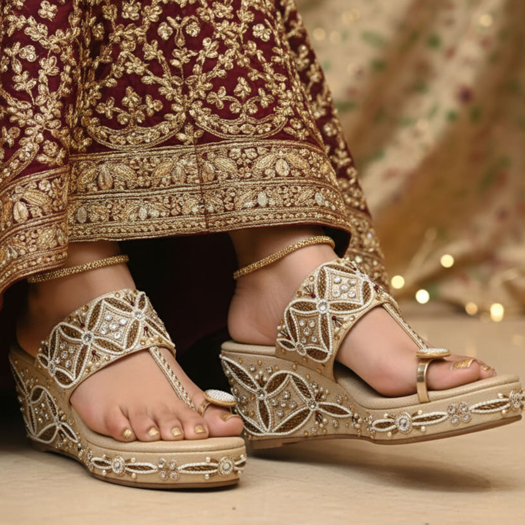 Embroidered Toe-ring Back Open Platform Heels