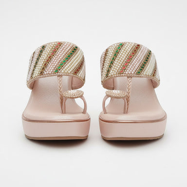 Rose Gold-Toned Embroidered One Toe Wedge Heels