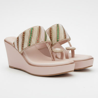 Rose Gold-Toned Embroidered One Toe Wedge Heels