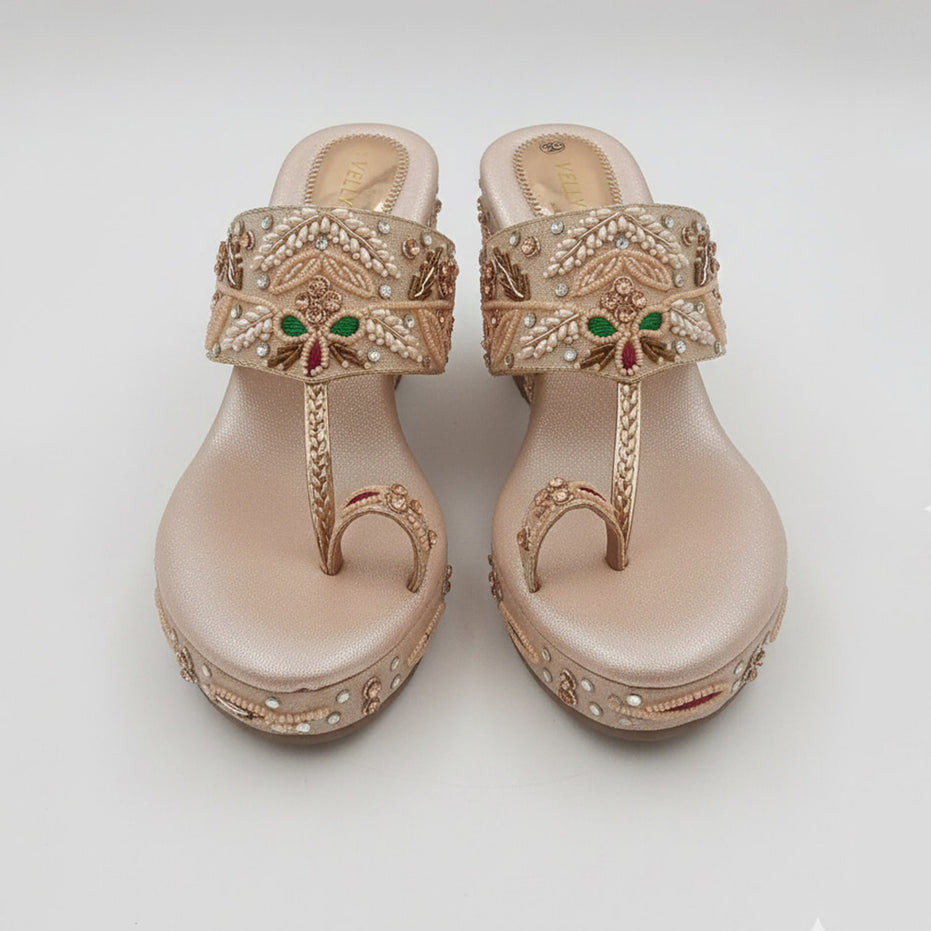 Rose Gold Toned Embroidered Bridal Wedges