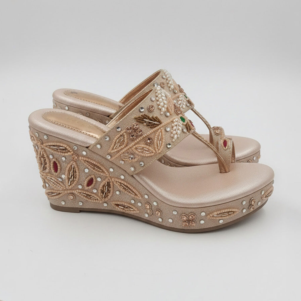 Rose Gold Toned Embroidered Bridal Wedges